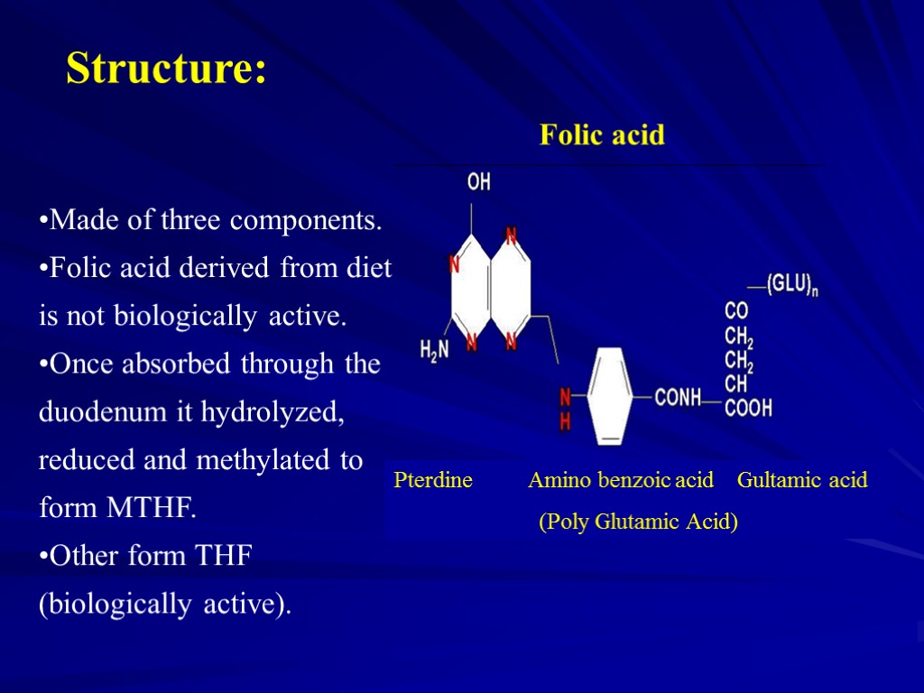 Structure: Made of three components. Folic acid derived from diet is not biologically active.